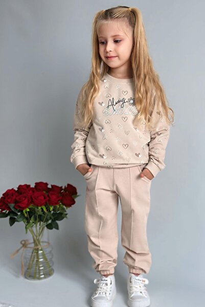 Breeze Girl's Sweatshirt Heart Patterned Text Printed 1.5-5 Years Old, Beige