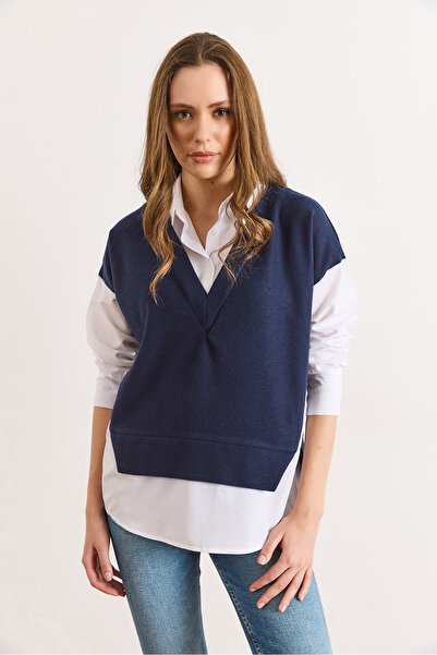 Olalook Women's White Navy Blue Thessaloniki Shirt Detailed Comfortable Fit Blouse Blz-19003111