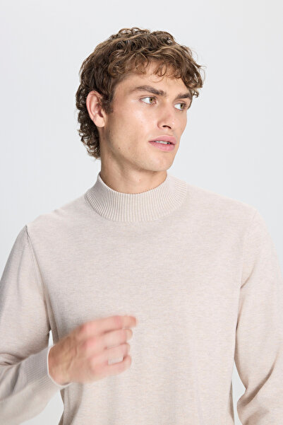 ALTINYILDIZ CLASSICS Μπεζ μελανζέ πουλόβερ με κανονική εφαρμογή και μισό ζιβάγκο