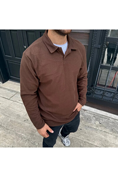 GökTR Men's Corded Fabric Fleece Sweatshirt – Buttonless Polo Collar, Oversized Comfortable Fit, Thick Fleece Fabric,