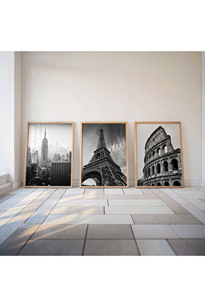 İkona Design Studio New York, Eyfel, Roma Ahşap Çerçeveli 3'lü Poster Tablo S...