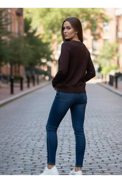 YusGos Women's Crew Neck Steel Knit Plaid Pattern High Quality Knitwear Sweater