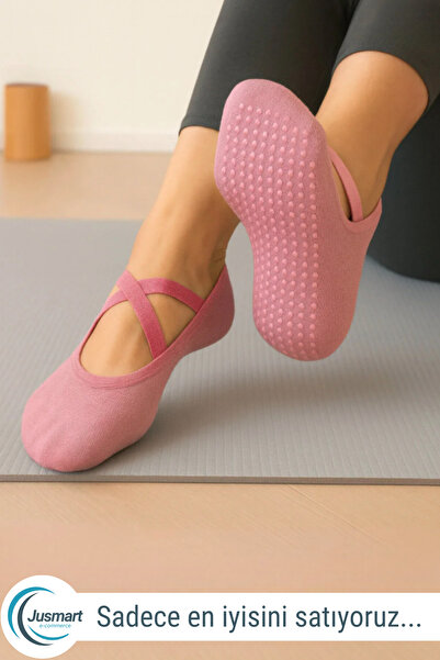 Jusmart Pembe Kadın Babet Çorap ◆ Pamuklu Kaymaz Silikon Taban ◆ Yoga Pilates...