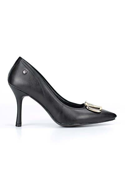 Gökhan Talay Hana Flexible Soft Non-Slip Sole (8 cm) Black Leather V Buckle Women's Heeled Shoes