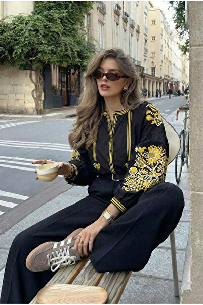 FEMELLE Women's Black Balloon Sleeve Embroidered Cotton Shirt