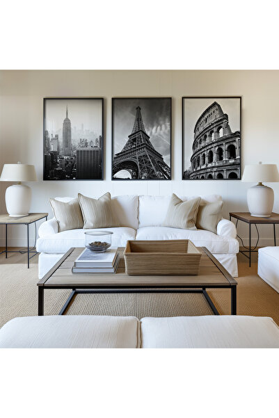 İkona Design Studio NewYork, Eyfel, Roma Siyah Ahşap Çerçeveli 3'lü Poster Ta...