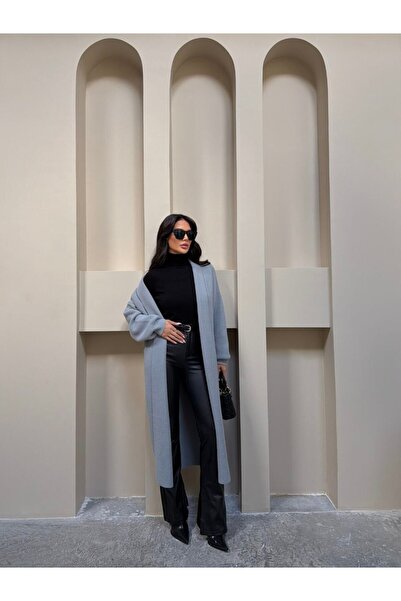 MODAMERSİ Women's Gray Low Sleeve Long Knitwear Cardigan