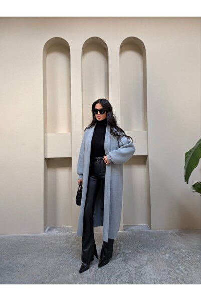 LE CARAMBOLE Women's Gray Low Sleeve Long Knitwear Cardigan