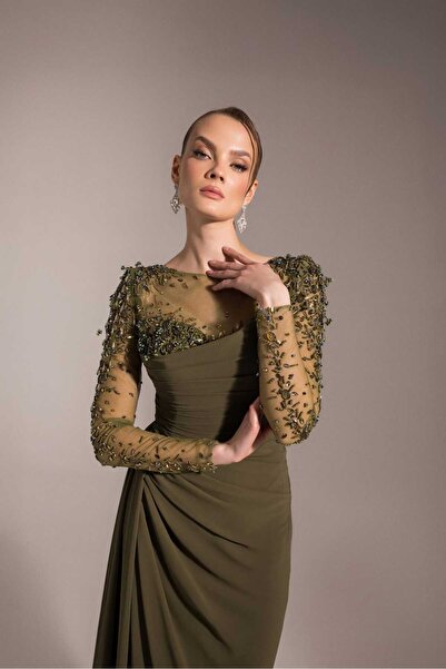 Kenzel Zarif Gece Elbisesi - Dantel Detaylı, Yırtmaçlı, Uzun Abiye Elbise