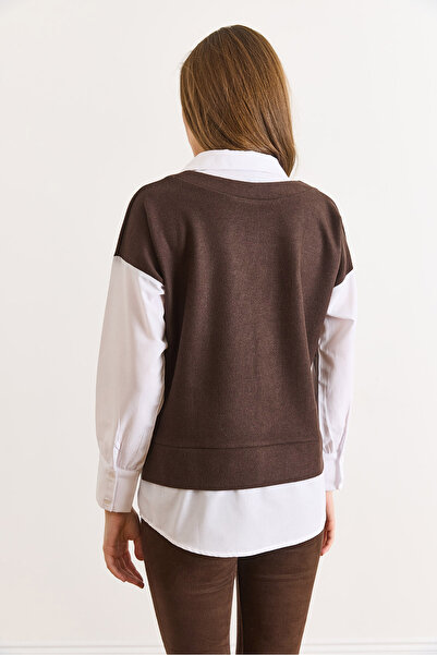 Olalook Γυναικείο καφέ λευκό πουκάμισο Σελανίκης με λεπτομέρεια άνετη εφαρμογή μπλούζα BLZ-19003111