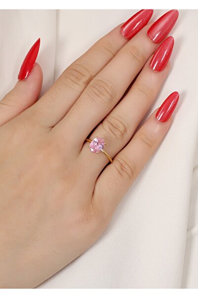 LİNOVE JEWELLERY 925 Ayar Gümüş Pembe Taşlı Yüzük, Gümüş Oval Tektaş, Kadın G...