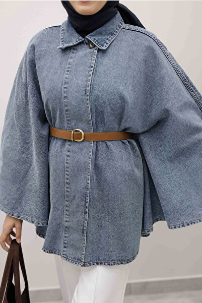 Tesettür Dünyası Belted Denim Poncho Tsd250256 Light Blue