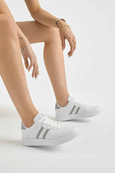 Tonny Black Unisex White Gray Thick Faylon Light Sole Striped Lace-Up Sports Shoes