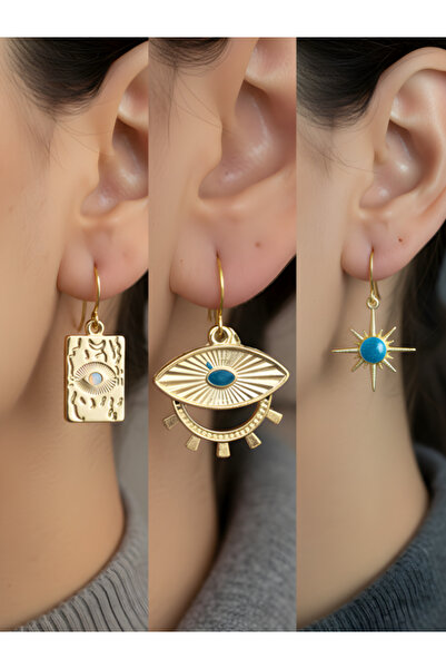 TURBİJ مجموعة أقراط نسائية من ثلاث قطع بتصميم عين الفيروز والشمس الزرقاء