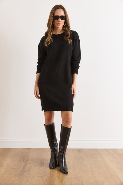 Olalook Women's Black Kangaroo Pocket Slit Knitwear Tunic Dress Elb-19002550