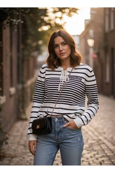 YusGos Women's Tie Neck Striped Steel Knit High Quality Knitwear Sweater