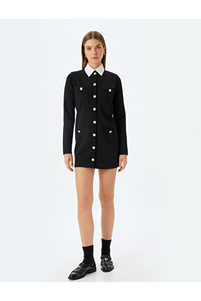 Koton Long Sleeve Shirt Collar Gold Button Detailed Mini Dress