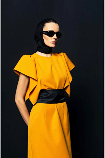 KAMEYA Volan Sleeve Detailed Belted Saffron Midi Dress