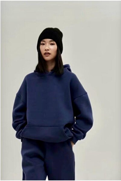SELENA BUTİK Unisex Hooded Pocket Navy Blue Plain Sweatshirt
