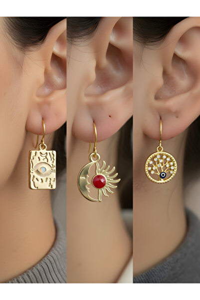 TURBİJ مجموعة أقراط نسائية من ثلاث قطع على شكل شجرة الشمس والقمر