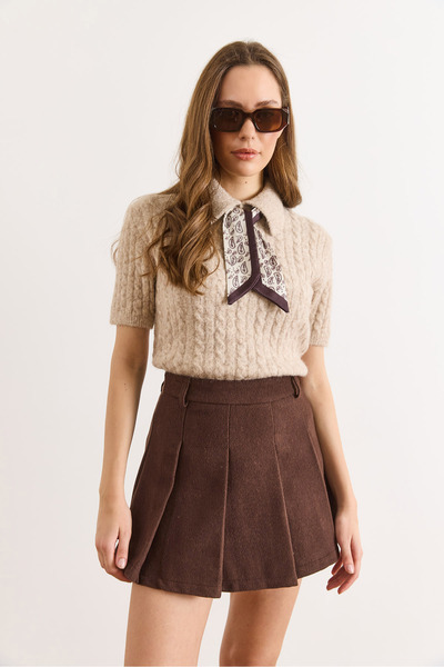 Olalook Γυναικεία καφέ φούστα με πλισέ μίνι κασετίνα με σορτς ETK-19000374