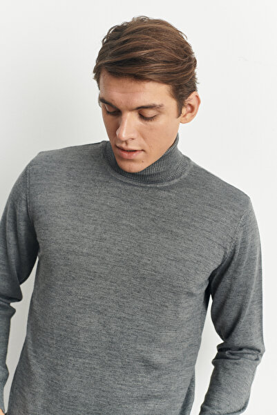 ALTINYILDIZ CLASSICS Gray Melange Standard Fit Regular Cut Full Turtleneck Wool Knit Sweater