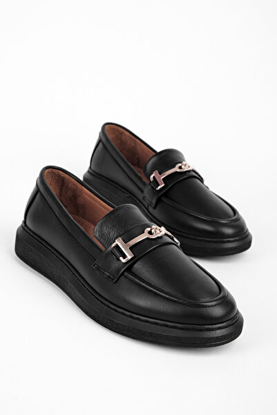 MY DERİ Esila Women's Genuine Leather Silver Buckle Detailed Stitched Loafer Shoes 4288