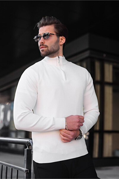 Madmext Λευκό πουλόβερ με μισό φερμουάρ ψηλός λαιμός Ανδρικό πλεκτό πουλόβερ 7442