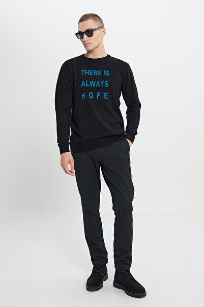 ALTINYILDIZ CLASSICS Πλεκτό πουλόβερ με τύπωμα με λαιμόκοψη Standard Fit με μαύρο ύφασμα που δεν ρυθμίζεται στο σώμα