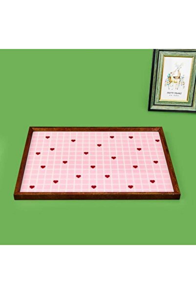 Evidea Deco Kırmızı Kalp Dekoratif Desenli Tepsi - Kırmızı / Pembe - 28,5x41 cm