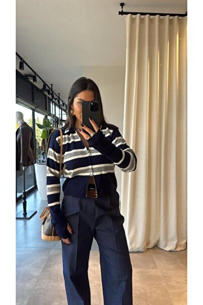 MODAMERSİ Women's Navy Blue Striped Zipper Detailed Knitwear Cardigan