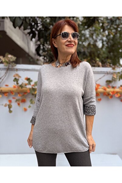 DenizEge Italian Leopard Print Round Neck Knitwear Gray