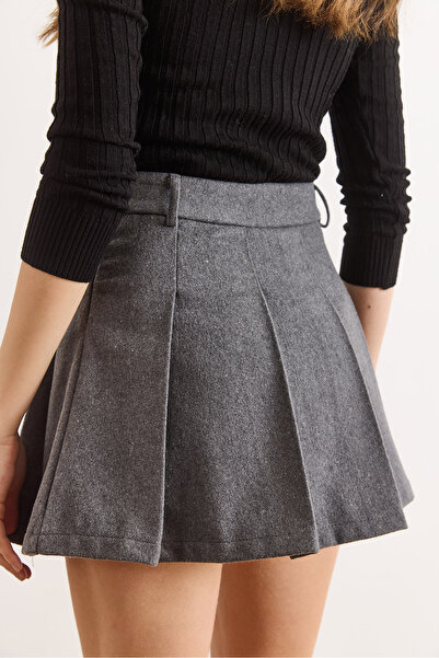 Olalook Women's Anthracite Lined Pleated Mini Skirt with Shorts Etk-19000374