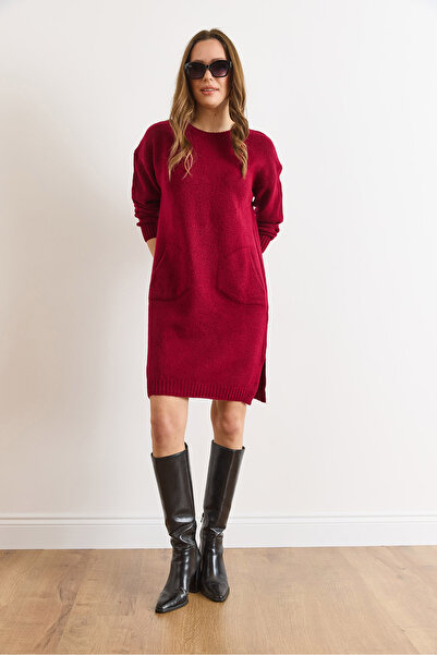 Olalook Women's Burgundy Kangaroo Pocket Slit Knitwear Tunic Dress Elb-19002550
