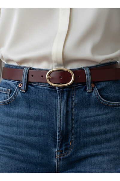 CSR AKSESUAR Burgundy Oval Buckle Women's Trouser Belt, Coat Belt, Dress Belt, Shirt Belt