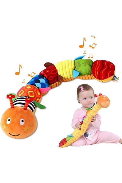 Genericc لعبة كاتربيلر موسيقية محشوة للأطفال - خشخيشات حسية وملمس، برتقالي