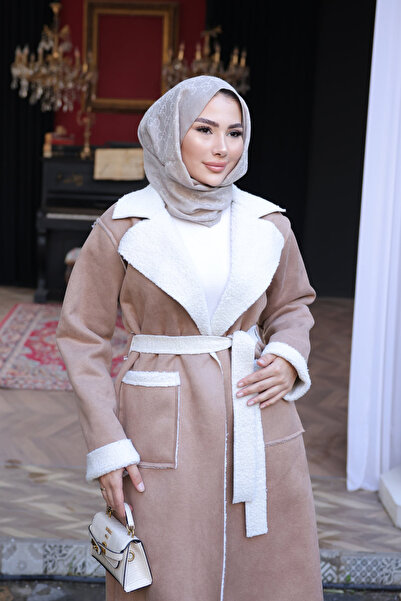 İmajButik Παλτό από καστόρι διπλό πέτο από σουέτ με γούνα στο εσωτερικό του γιακά