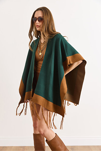 Olalook Women's Emerald Green Color Block Poncho Cardigan Hrk-19000423