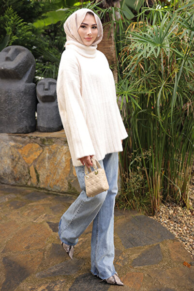 İmajButik Πουλόβερ με ζιβάγκο σε κρεμ χρώμα, χαλαρό πλεκτό πουλόβερ από ανγκόρα