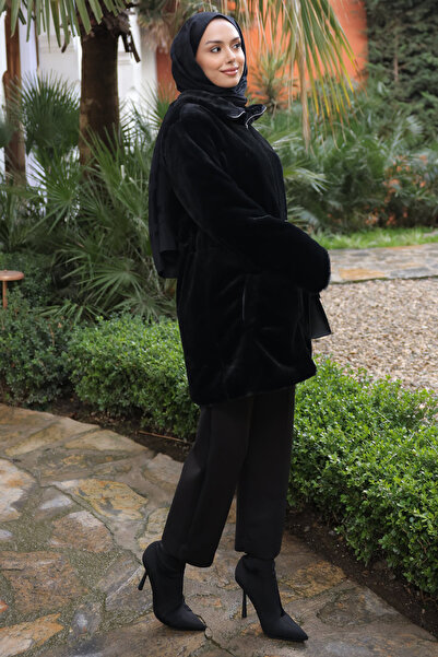 İmajButik Black Drawstring Flato Plush Coat with Pockets and Zipper