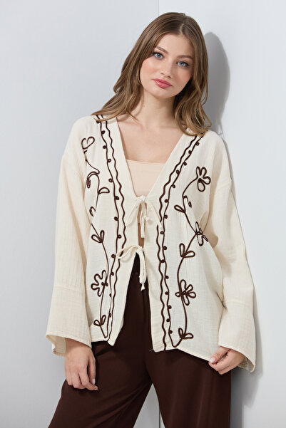 Fulla Moda Embroidered Front Lace-Up Linen Look Kimono