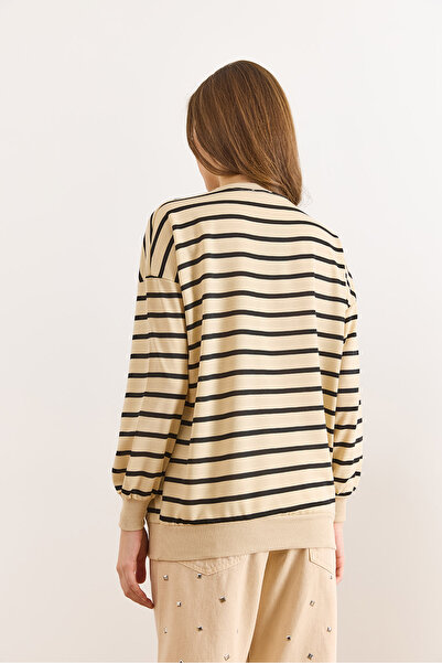 Olalook Women's Stone Black Striped Thin Sweatshirt Swt-19000761