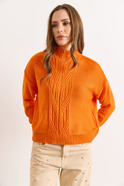 Olalook Pulover tricotat cu împletitură de păr portocaliu guler ridicat pentru femei KZK-19000912