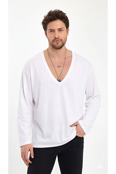 BABBOSS Derin V Yaka Uzun Kol Süper Oversize Kesim Tişört