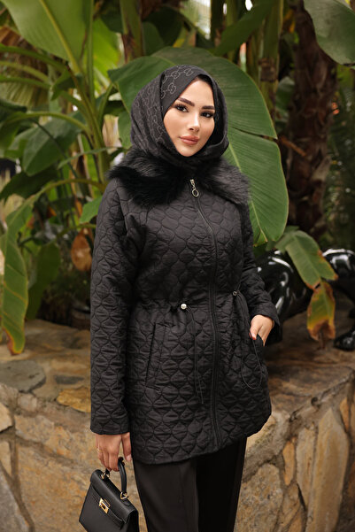 İmajButik Black Collar Sheepskin Quilted Coat