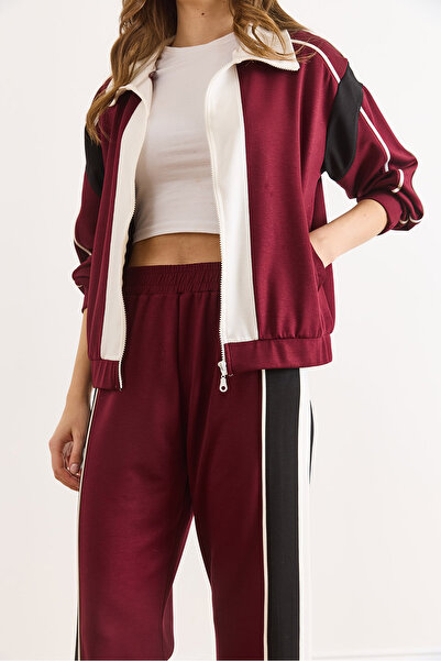 Olalook Women's Burgundy Color Block Modal Tuşeli Suit Tkm-19000466