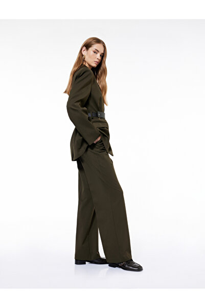 Koton Ribbed Pocket Straight Fit Belted Wide Leg Trousers