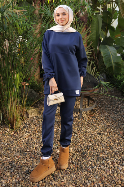 İmajButik Navy Blue Embroidered Tunic Trouser Set