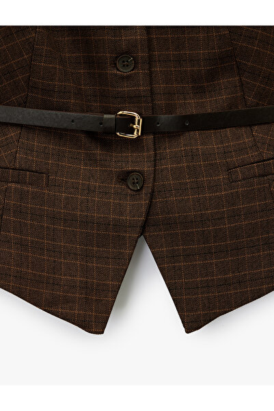 Koton Buttoned Sleeveless V-Neck Belt Detailed Plaid Vest