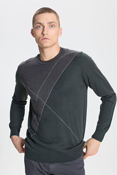 ALTINYILDIZ CLASSICS Πλεκτό πουλόβερ με στάνταρ εφαρμογή, κανονική εφαρμογή, με λαιμόκοψη και σχέδιο, από μάλλινο χακί-γκρι